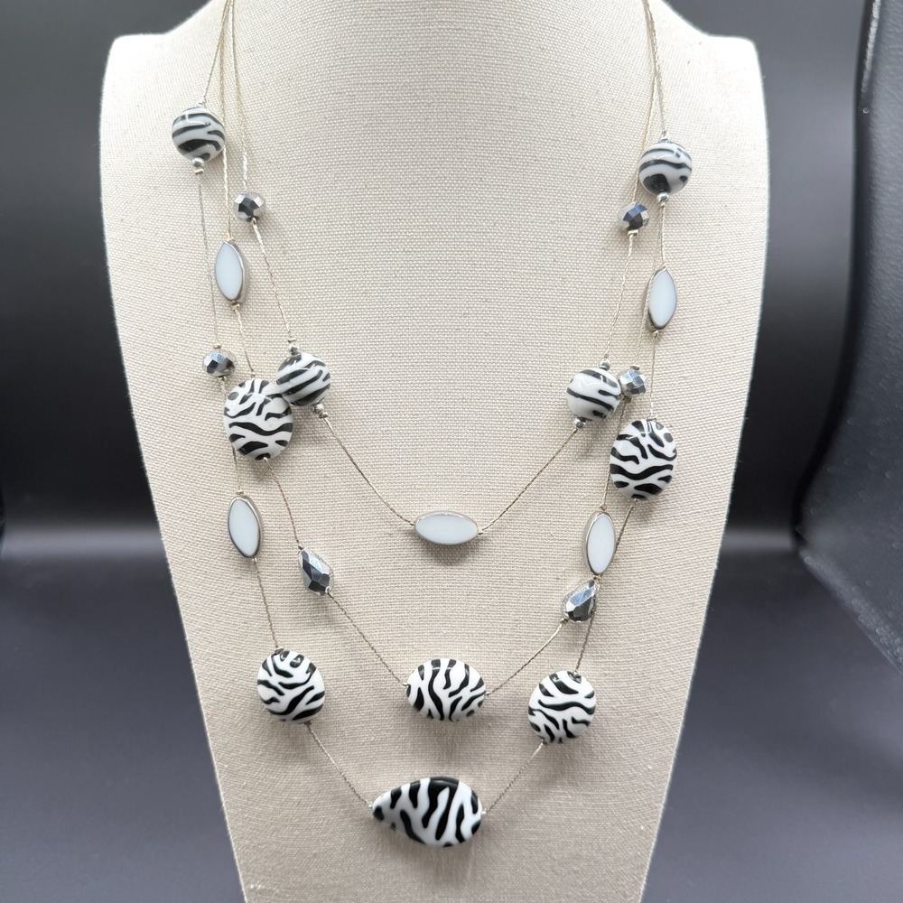 Black White Zebra Bead Multi Strand Necklace Silver Tone Y2K Statement Jewelry